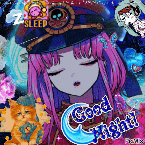 a picture of a girl with pink hair and the words good night on the bottom