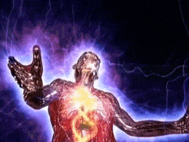a statue of a man with his arms outstretched and a lightning bolt behind him