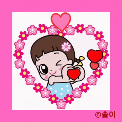 a cartoon girl with a flower in her hair is holding a heart in her hand