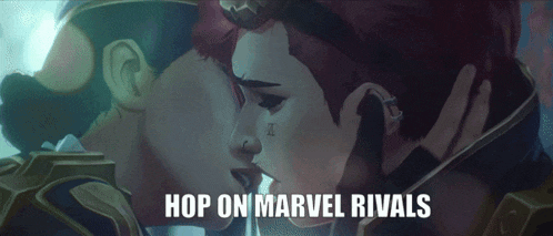 a couple kissing with the words hop on marvel rivals