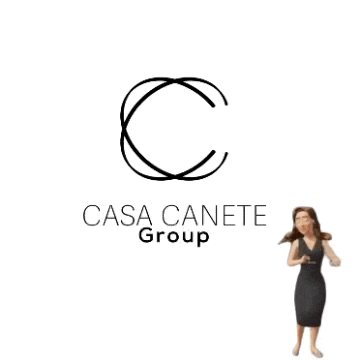 a woman in a black dress is dancing in front of a logo for casa canete group
