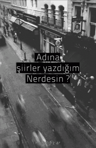 a black and white photo of a city street with the caption adina sirler yazdim nerdesin