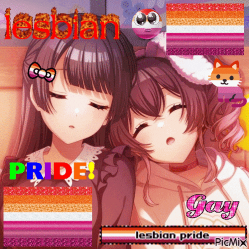 a picture of two anime girls with the words lesbian pride written on the bottom