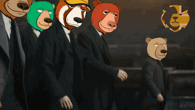 a group of cartoon bears wearing suits and hats are walking in a line