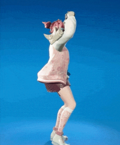 a girl with pink hair and a mask on her face is standing in front of a blue background