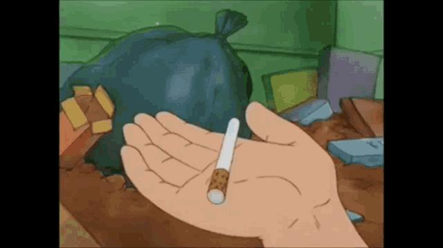 a cartoon hand holding a cigarette in front of a garbage bag