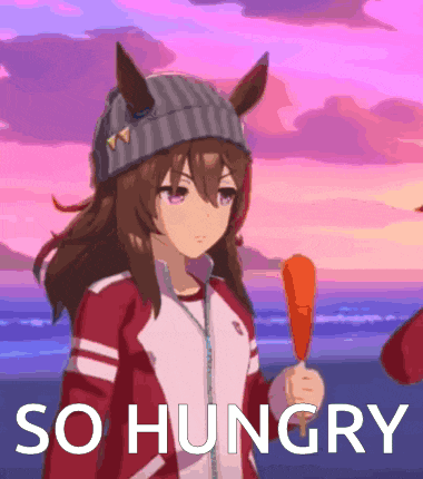 a girl with horse ears is holding a carrot in her hand and the words so hungry are above her