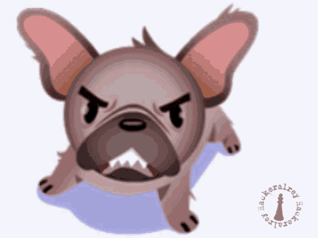 a cartoon drawing of an angry french bulldog with a chess piece in the corner that says hacker.com
