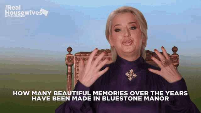 a woman sitting in a chair with the words how many beautiful memories over the years have been made in bluestone manor on the bottom