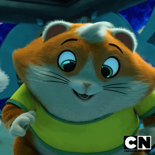 a cartoon cat wearing a yellow shirt with the cn logo on the bottom