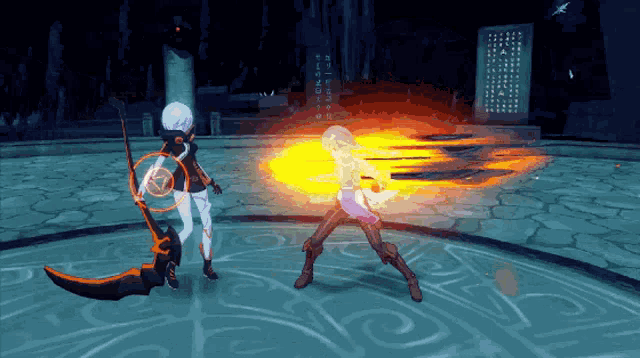 a video game character with a scythe and a sword