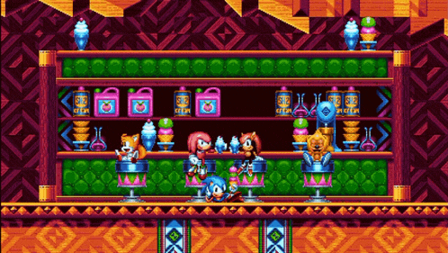 sonic the hedgehog and knuckles are standing on a shelf in a video game scene