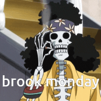 a cartoon of a skeleton smoking a cigarette with the words " brook monday " on the bottom
