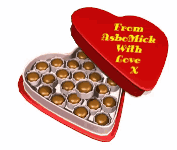 a heart shaped box of chocolates with the words from asbemick with love x on the top