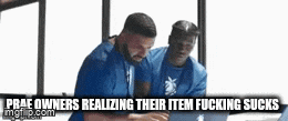 two men are sitting in front of a laptop computer with the words `` prae owners realizing their item fucking sucks '' .
