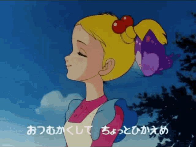 a cartoon of a girl with a butterfly in her hair with chinese writing