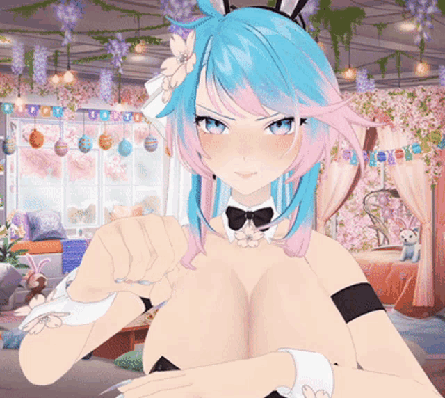 a girl with blue and pink hair is wearing a bow tie
