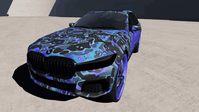 a car with a blue and purple camo wrap on it