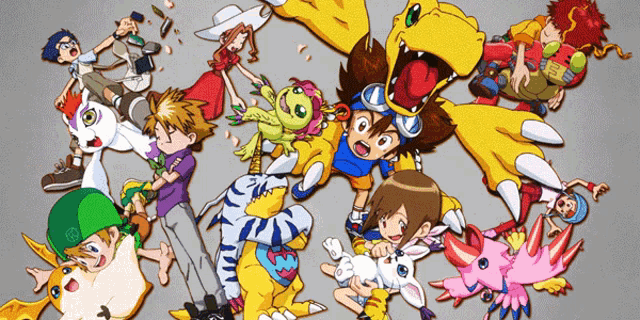 a group of cartoon characters are gathered together and one of them is wearing a green hat with the letter b on it