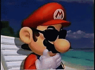 a mario cartoon character wearing sunglasses and a red hat with the letter m on it