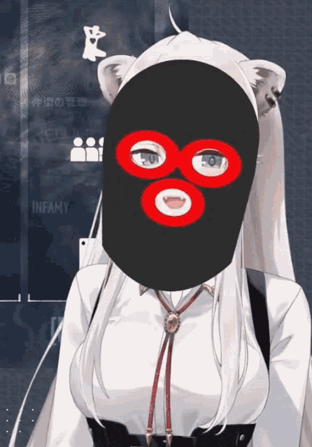 a woman wearing a black mask with red circles around the eyes