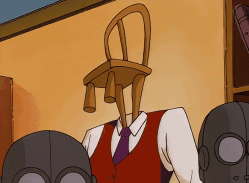 a cartoon character with a chair on his head and two gas masks behind him