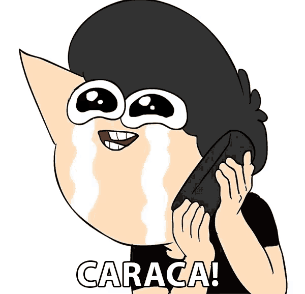 a cartoon character is crying while talking on a cell phone and the word caraca is visible