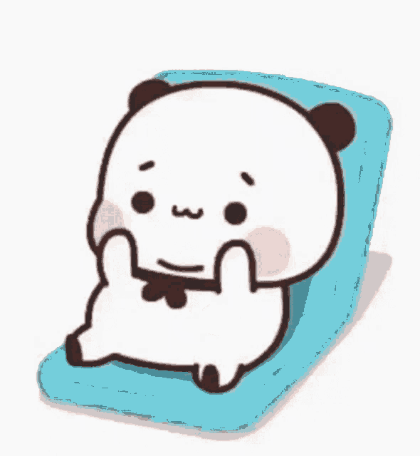 a cartoon panda is sitting on a blue cushion .
