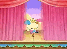 a cartoon hello kitty is dancing on a stage with a pink curtain behind her .