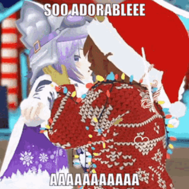 a girl in a santa hat is kissing a boy in a sweater .