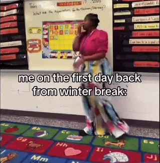 a woman is talking on a cell phone in a classroom with the words me on the first day back from winter break written on the bottom