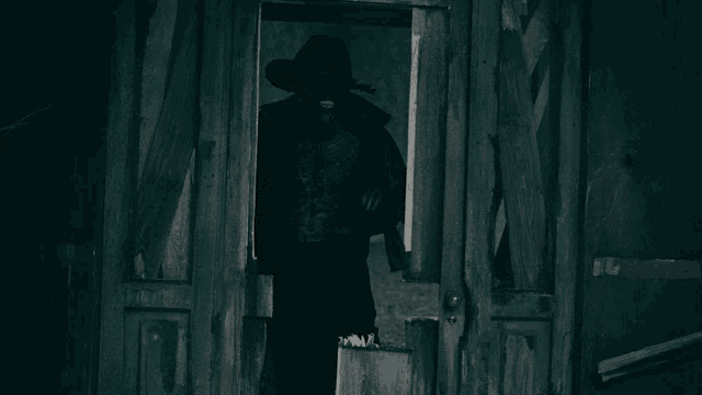 a man in a cowboy hat is standing in a dark room