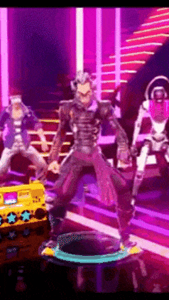 a video game character is standing on a trampoline in a purple room .