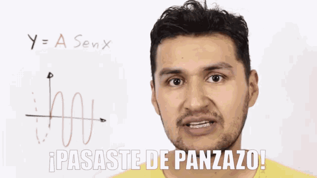 a man is making a funny face in front of a white board with y = a senx on it