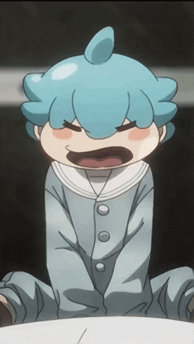 a cartoon character with blue hair and buttons on his sleeves