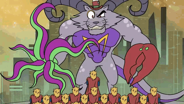 a cartoon of a cat with horns holding a claw