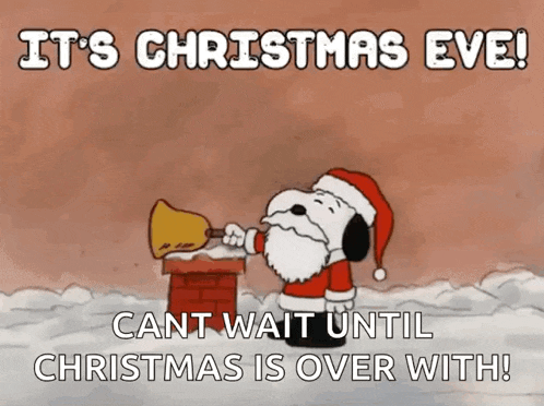 a cartoon of snoopy dressed as santa blowing a bell on top of a chimney