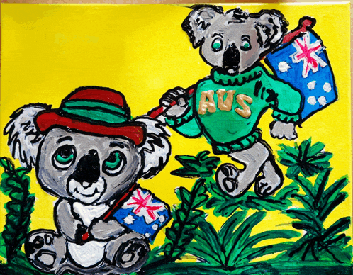a painting of two koala bears with one wearing a green sweater that says aus