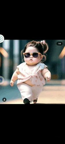 a baby girl wearing sunglasses and a pink shirt is running down the street .