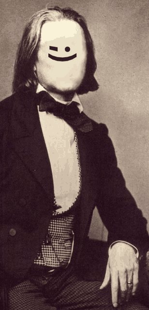 a black and white photo of a man with a smiley face on his face