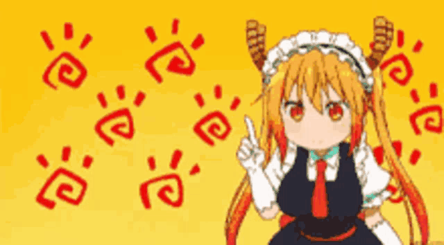 a girl in a maid outfit is pointing at something