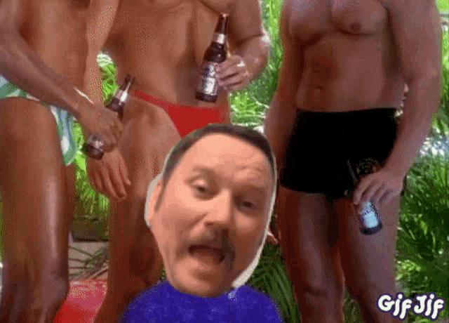 a group of men in underwear holding beer bottles with a gif jif watermark