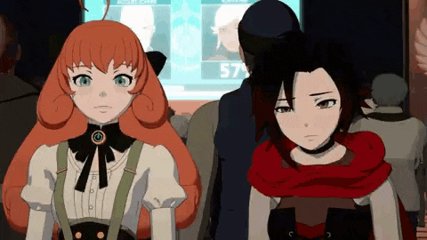 a couple of anime characters are standing next to each other in front of a screen that says 57 .