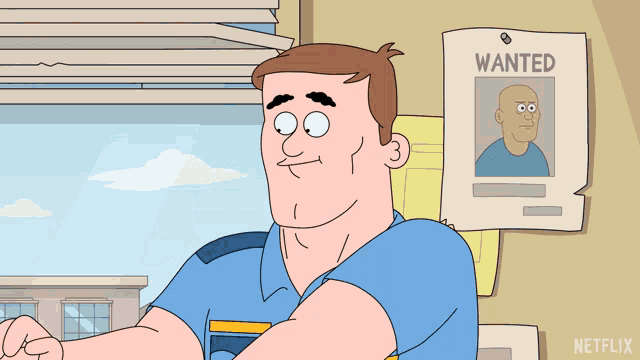 a cartoon of a man eating a cookie next to a wanted poster on a wall