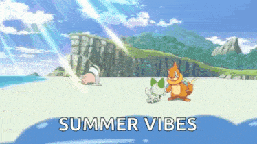 a cartoon of two pokemon on a beach with the words summer vibes above them