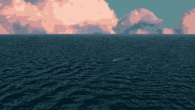 a whale is swimming in the ocean with pink clouds in the background