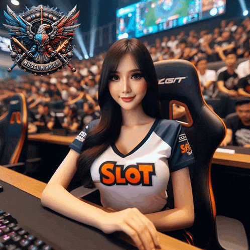 a woman wearing a shirt that says slot is sitting at a desk