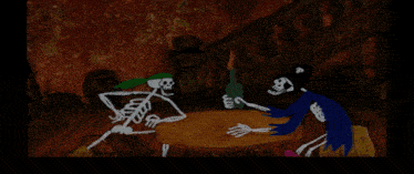 a cartoon of two skeletons sitting at a table with one holding a bottle