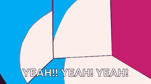 a cartoon drawing of a pink and blue object with the words yeah yeah yeah written on it .