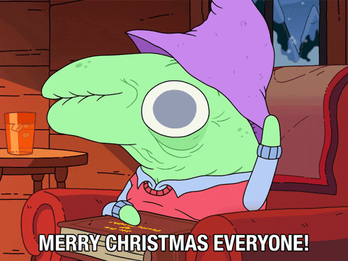 a cartoon character sitting in a chair with the words merry christmas everyone below him